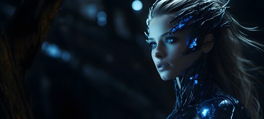 The black background contrasts sharply with the bright blue silver light emitted by treants dryad, generative AI
