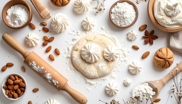 Flat lay of baking ingredients and tools. White surface, various light-colored baking ingredients, including meringue, almonds, flour, and dough. - Powered by Adobe