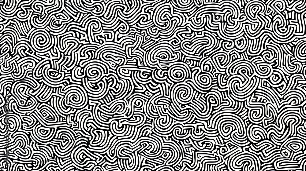 Poster black and white patterned background with a white line. the pattern is very intricate and has a lot 