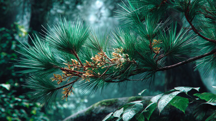 Close-up of a pine branch in a misty forest, showcasing rich green needles and delicate natural textures that evoke calmness, freshness, and serene woodland beauty.