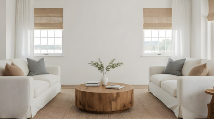 Fototapeta premium Bright and cozy modern living room interior with wooden coffee table and tranquil lake view.