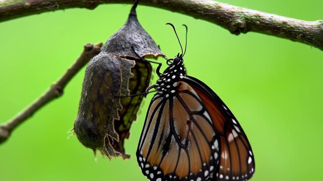Stunning Macro Footage of a Monarch Butterfly Emerging from its Chrysalis on a Branch