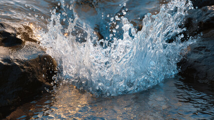 A dynamic close-up of a powerful water splash hitting rocks, capturing crisp droplets and natural motion in a vivid, refreshing outdoor scene.