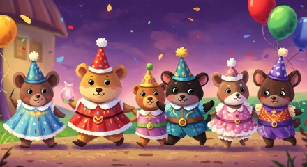 Fototapeta premium Animated bears in hats and costumes celebrate with balloons against a twilight sky and blurred home backdrop