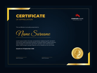 Modern certificate of appreciation template with dark blue and gold color.