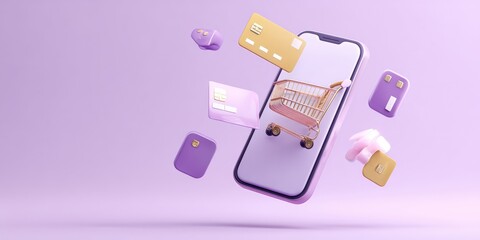 Floating smartphone with shopping cart and cards on a pastel purple background