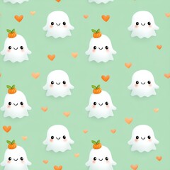 Fototapeta premium Cute Kawaii Ghosts with Pumpkins Seamless Halloween Design Pattern