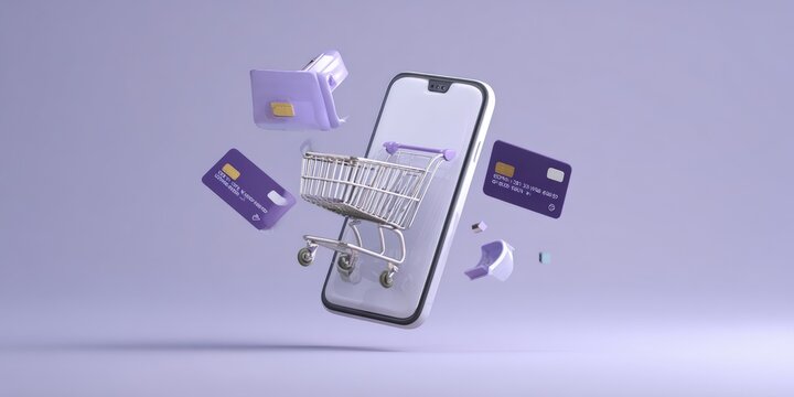 Mobile shopping experience, levitating shopping cart and credit cards on a smartphone