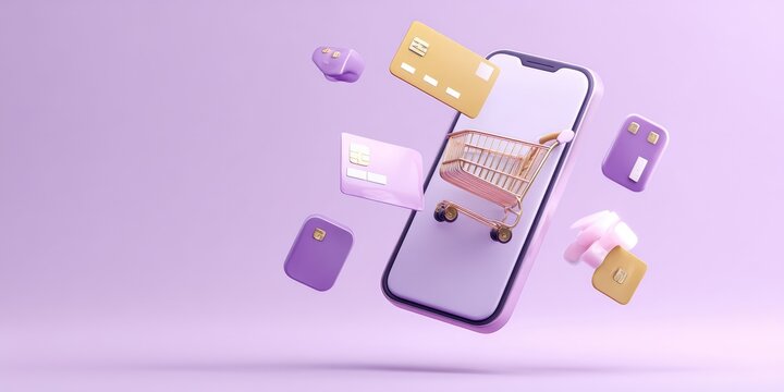 Floating smartphone with shopping cart and cards on a pastel purple background - Powered by Adobe