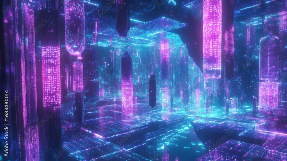 Aufkleber exploring a cyberspace world filled with glowing binary code virtual realm digital art futuristic en