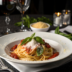Close up of large tube pasta with chicken and cherry tomato with chopped parsle