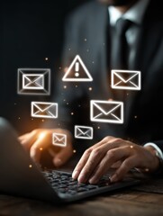 businessman typing on laptop with warning email icons representing email threat phishing attack malware data breach cybersecurity alert scam message spam risk and online fraud protection