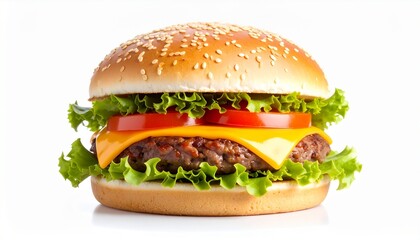 Delicious Cheeseburger with Lettuce, Tomato, and Sesame Seed Bun on White Background