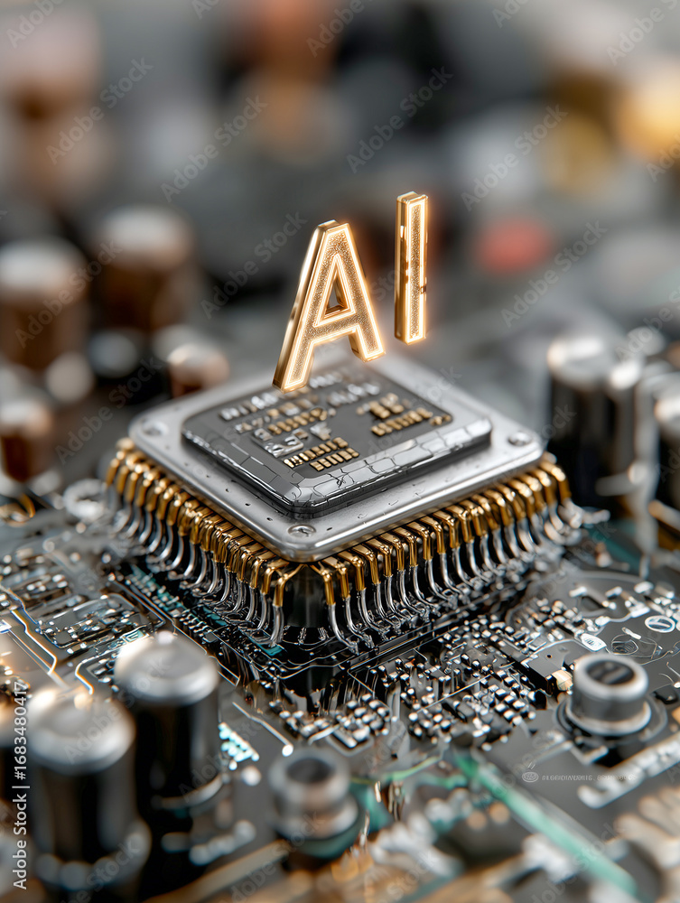 Fototapete close-up of ai processor chip on electronic circuit board with glowing golden hologram text, symboli