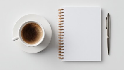 Coffee, notepad, and pen on a white surface