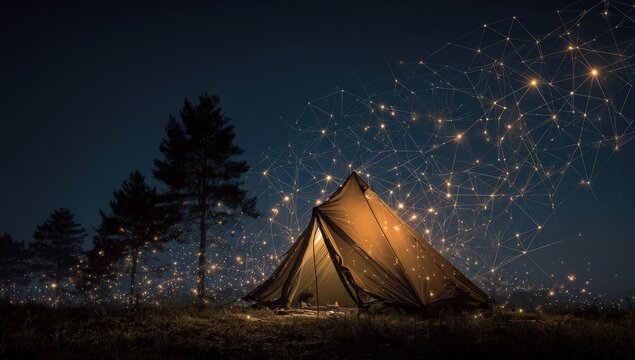 Illuminated tent nestled in a nocturnal forest, network of light