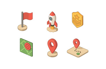 isometric icon items isolated on white background mission flag rocket launch soldier badge map goal pin quest path