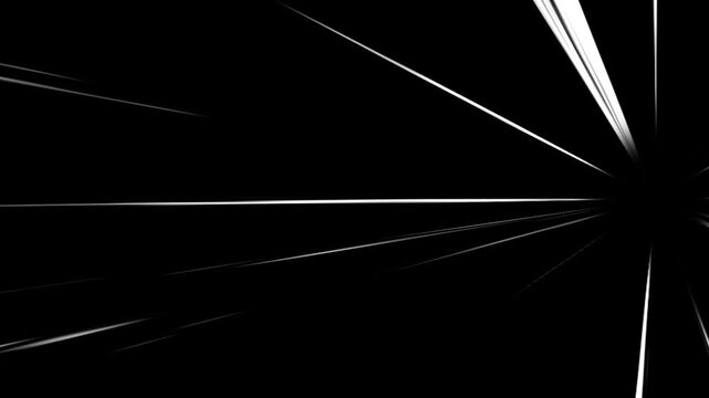 Side perspective speed lines seamless loop animation with white abstract lines on black background. 4K animated for action scene transitions, comic style effects, motion graphics, and video editing.