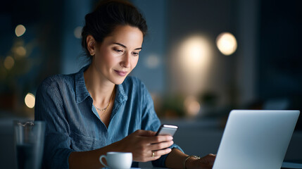 Women research on a phone and laptop, the engaged scene illuminated by gentle light. Women, research, with copy space