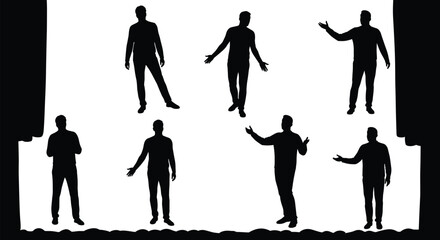 Group of seven diverse male silhouettes standing and gesturing inside a rectangular frame, isolated black and white vector design.