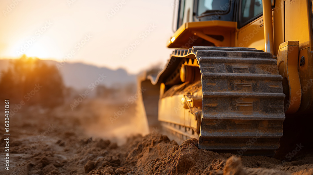 Poster bulldozer pushing rich soil close up dust particles illuminated by sunlight creating a hazy glow hea