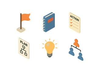 isometric icon items isolated on white background initiative flag project action note plan sheet new idea group chart