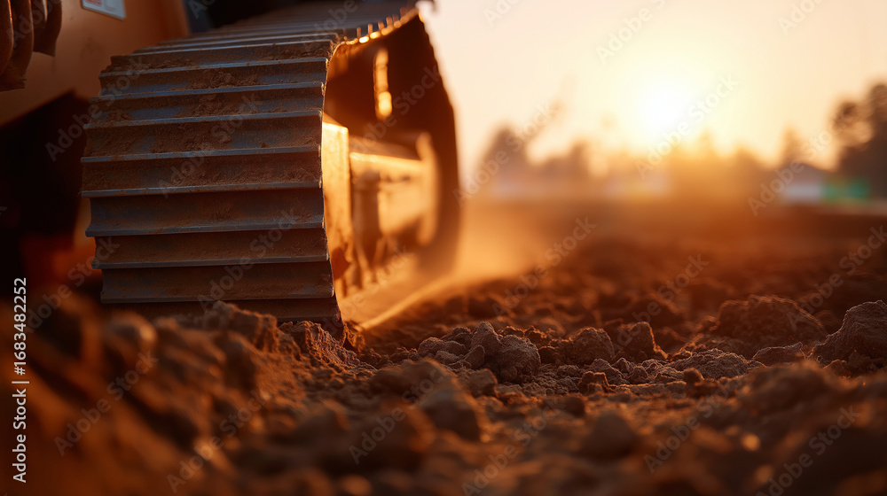 Poster bulldozer pushing rich soil close up dust particles illuminated by sunlight creating a hazy glow hea