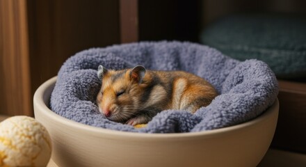 Obraz premium A small, fluffy rodent sleeps soundly nestled in a soft, gray bed inside a light-colored bowl, with wooden shelves in the background