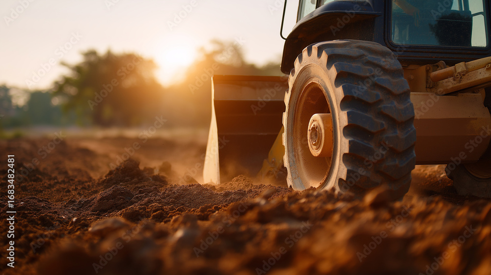 Poster bulldozer pushing rich soil close up dust particles illuminated by sunlight creating a hazy glow hea