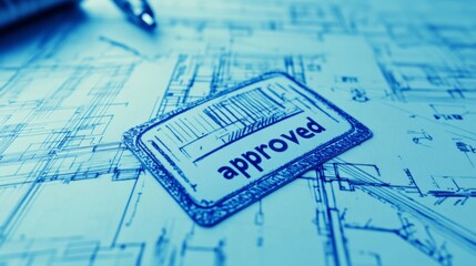 Closeup of approved stamp on architectural plans in a professional office environment