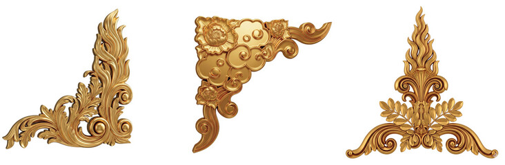 A set of three isolated golden rococo and baroque style corner design elements, perfect for vintage decoration and elegant framing