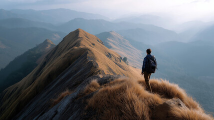 A hike on a peak, the adventurous scene illuminated by soft light. Hike, peak, with copy space