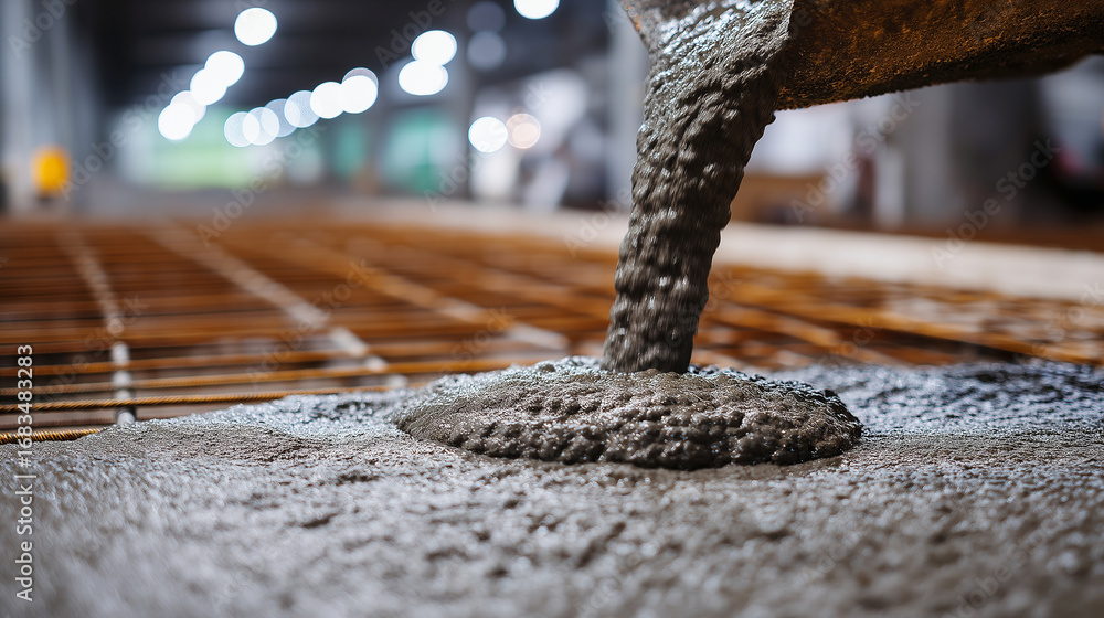 Poster macro concrete pouring into formwork rippling textures and wet sheen captured with fine bubbles and 
