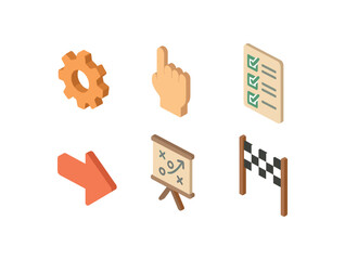 isometric icon items isolated on white background execution gear task hand checklist action arrow plan board finish line