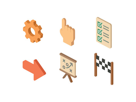 isometric icon items isolated on white background execution gear task hand checklist action arrow plan board finish line