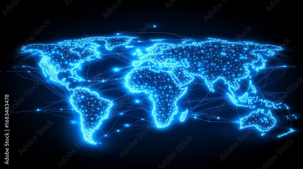 Poster Illuminating digital connectivity a global map of glowing distribution networks virtual world interactive visualization futuristic design
