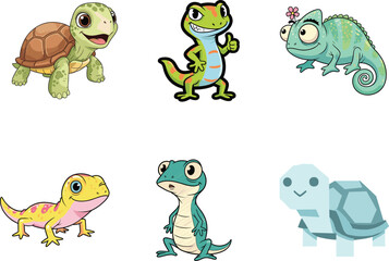 Cute cartoon reptiles, baby turtles, smiling geckos, colorful lizards, chameleon characters, kids illustration, vector animals, funny drawings, adorable clipart
