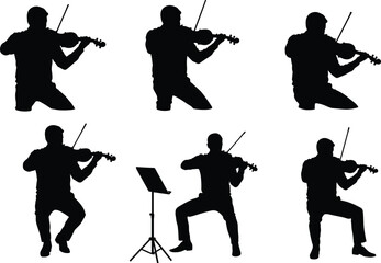 Silhouette of Male Violinists Playing Violin in Various Performance Poses with Music Stand Isolated on White Background Vector Illustration