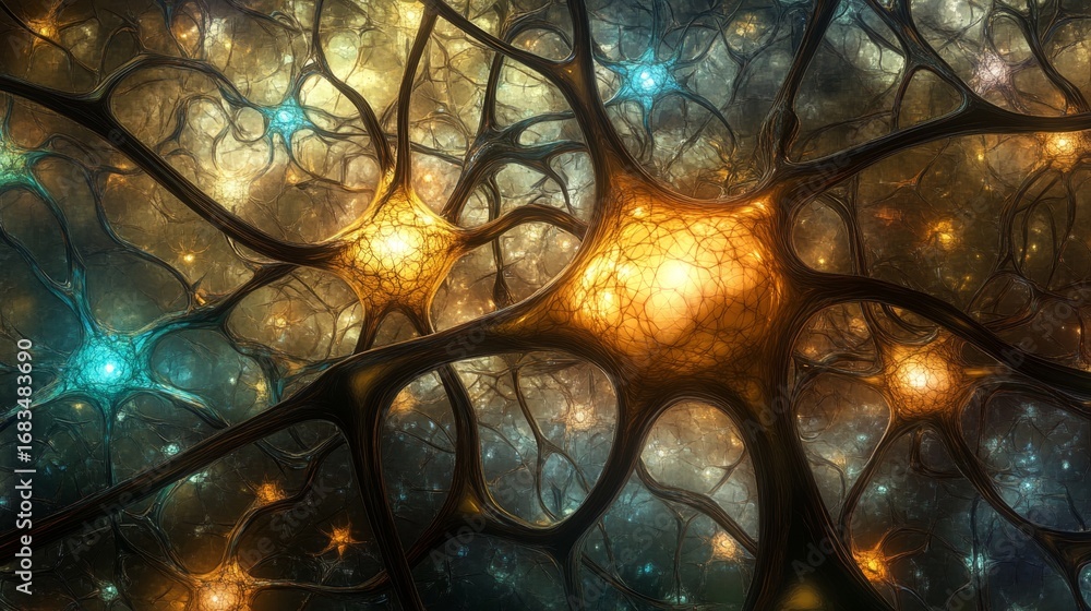 Poster exploring a digital artwork of a neural network in an abstract environment capturing complex connect