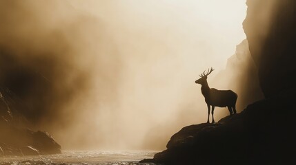 Silhouette of a majestic deer standing on a rocky outcrop in a misty mountainous landscape
