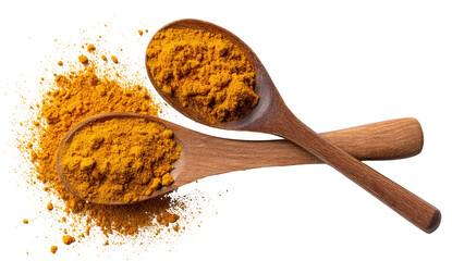 Two wooden spoons filled with turmeric powder, atop a scattering of the spice