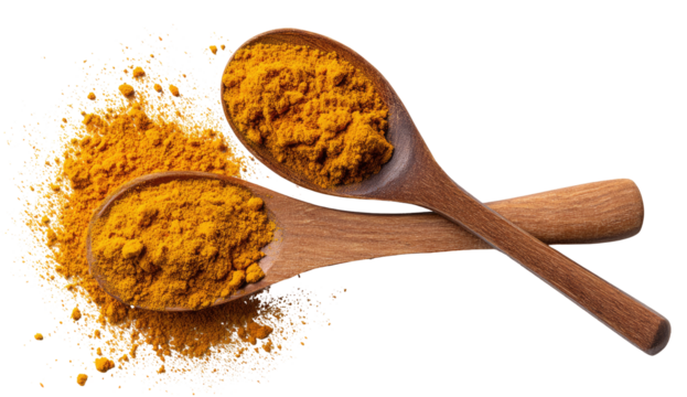Two wooden spoons filled with turmeric powder, atop a scattering of the spice