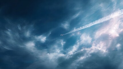 An airplane leaves a long white contrail while soaring through a dramatic blue and white cloudy sky symbolizing journey and freedom
