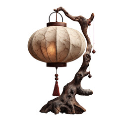 Ornate, handcrafted table lamp with a large, pleated, off-white paper lantern.  Rustic, driftwood base