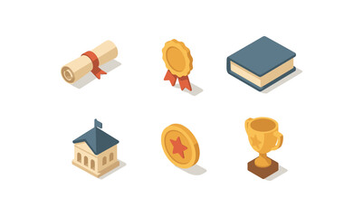 isometric icon items isolated on white background diploma scroll honor ribbon study book campus se degree seal award