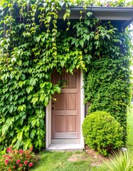 A light brown door with multiple panels is nestled within a lush wall of vibrant green climbing vines.  A small, manicured shrub sits beside the door, accented by a bed of colorful flowers.