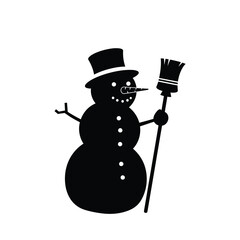 Black snowman with top hat and broom winter white