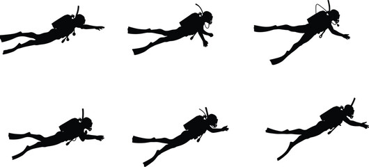 Silhouette set of six scuba divers underwater exploring ocean depths with diving gear and fins for aquatic adventure concept
