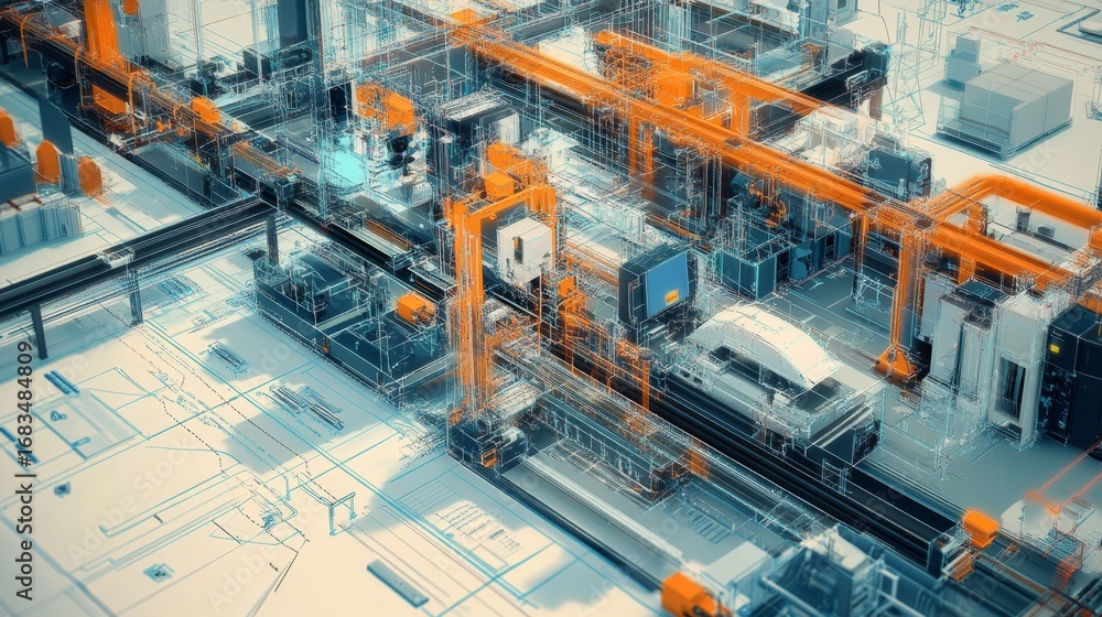 Poster aerial view of automated factory floor digital engineering for industrial process automation