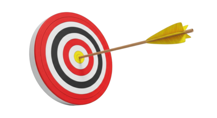 Arrow Hitting the Bullseye of a Target archery dart isolated on a transparent background